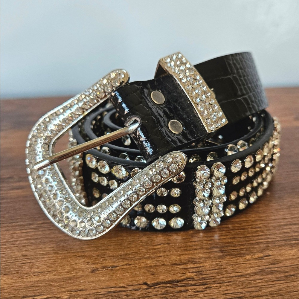 Black Crocodile Embossed Leather Rhinestone Western Belt‎ Silver Studded Large